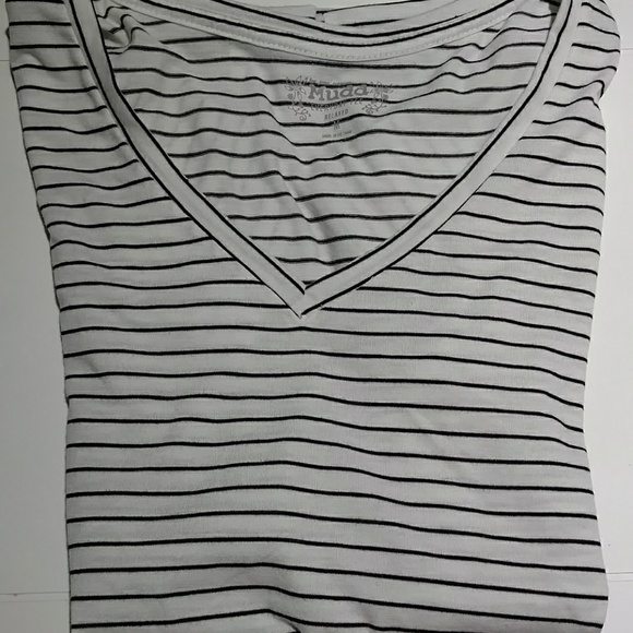 V-Neck White with Black Stripe MUDD Tee - Picture 5 of 5